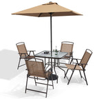 Ensemble de salle à manger d'extérieur 6 pièces avec 4 chaises pliantes, table en verre et parasol sans base - Voir les détails