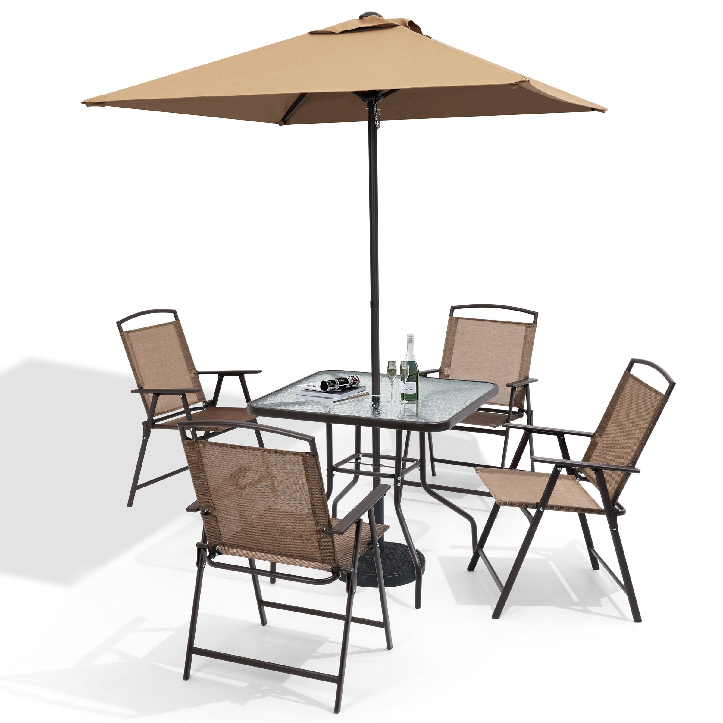 Ensemble de salle à manger d'extérieur 6 pièces avec 4 chaises pliantes, table en verre et parasol sans base - Voir les détails