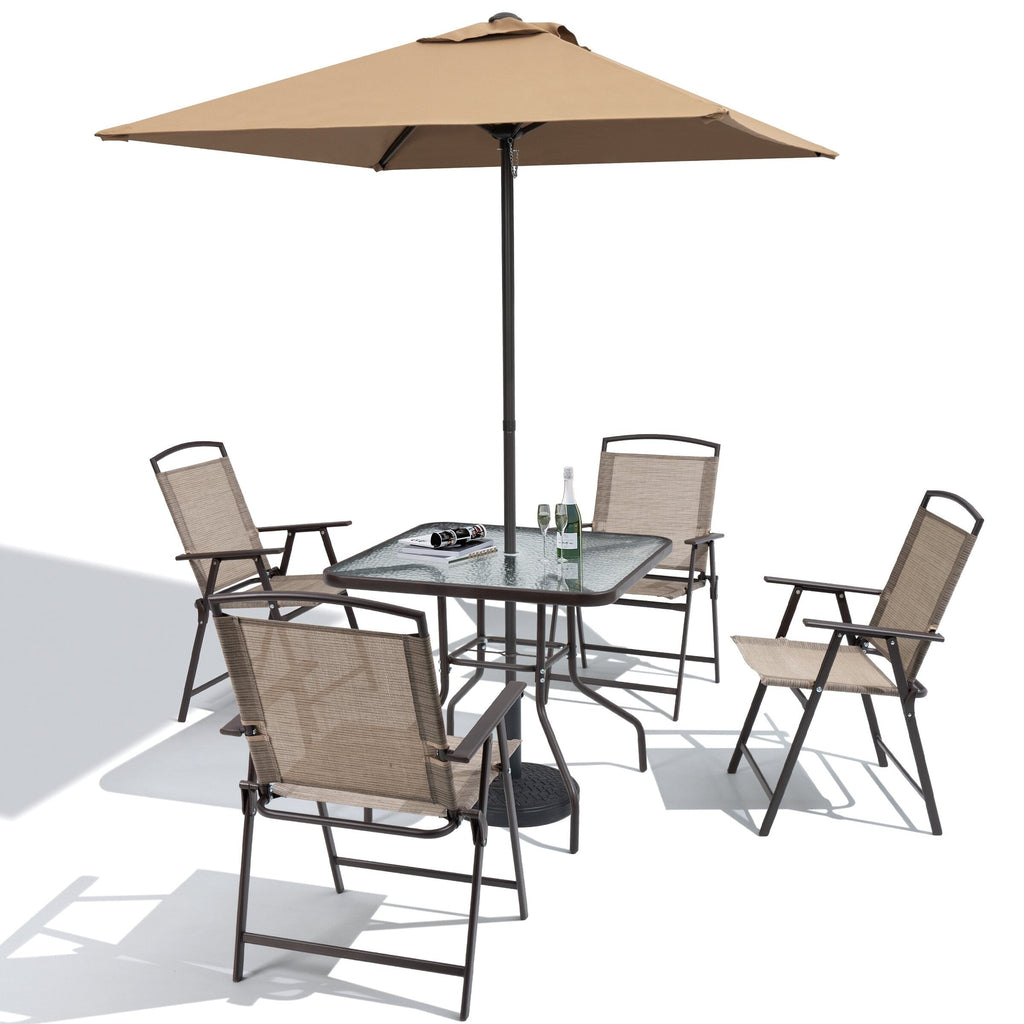 Ensemble de salle à manger d'extérieur 6 pièces avec 4 chaises pliantes, table en verre et parasol sans base - Voir les détails