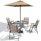 Ensemble de salle à manger d'extérieur 6 pièces avec 4 chaises pliantes, table en verre et parasol sans base - Voir les détails