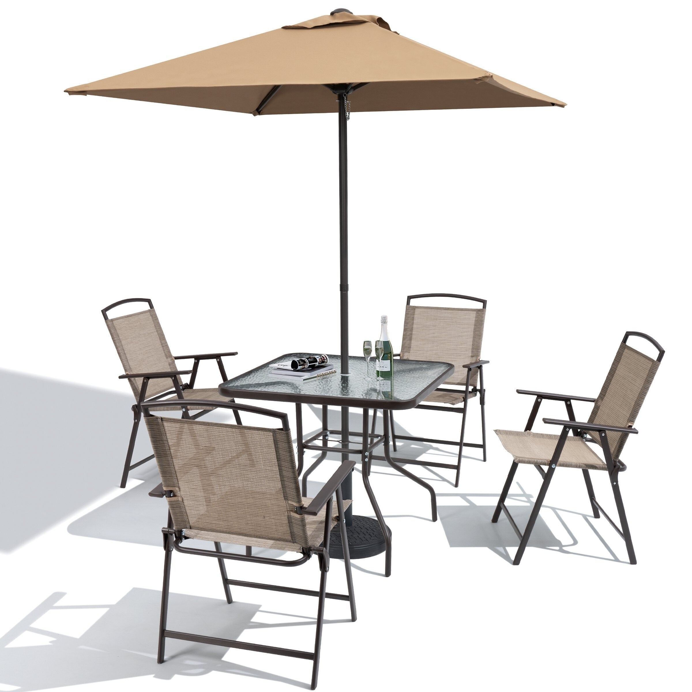 Ensemble de salle à manger d'extérieur 6 pièces avec 4 chaises pliantes, table en verre et parasol sans base - Voir les détails