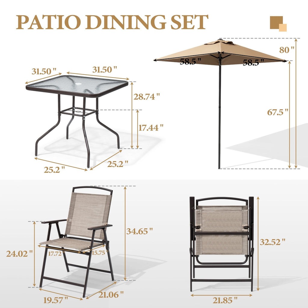 Ensemble de salle à manger d'extérieur 6 pièces avec 4 chaises pliantes, table en verre et parasol sans base - Voir les détails