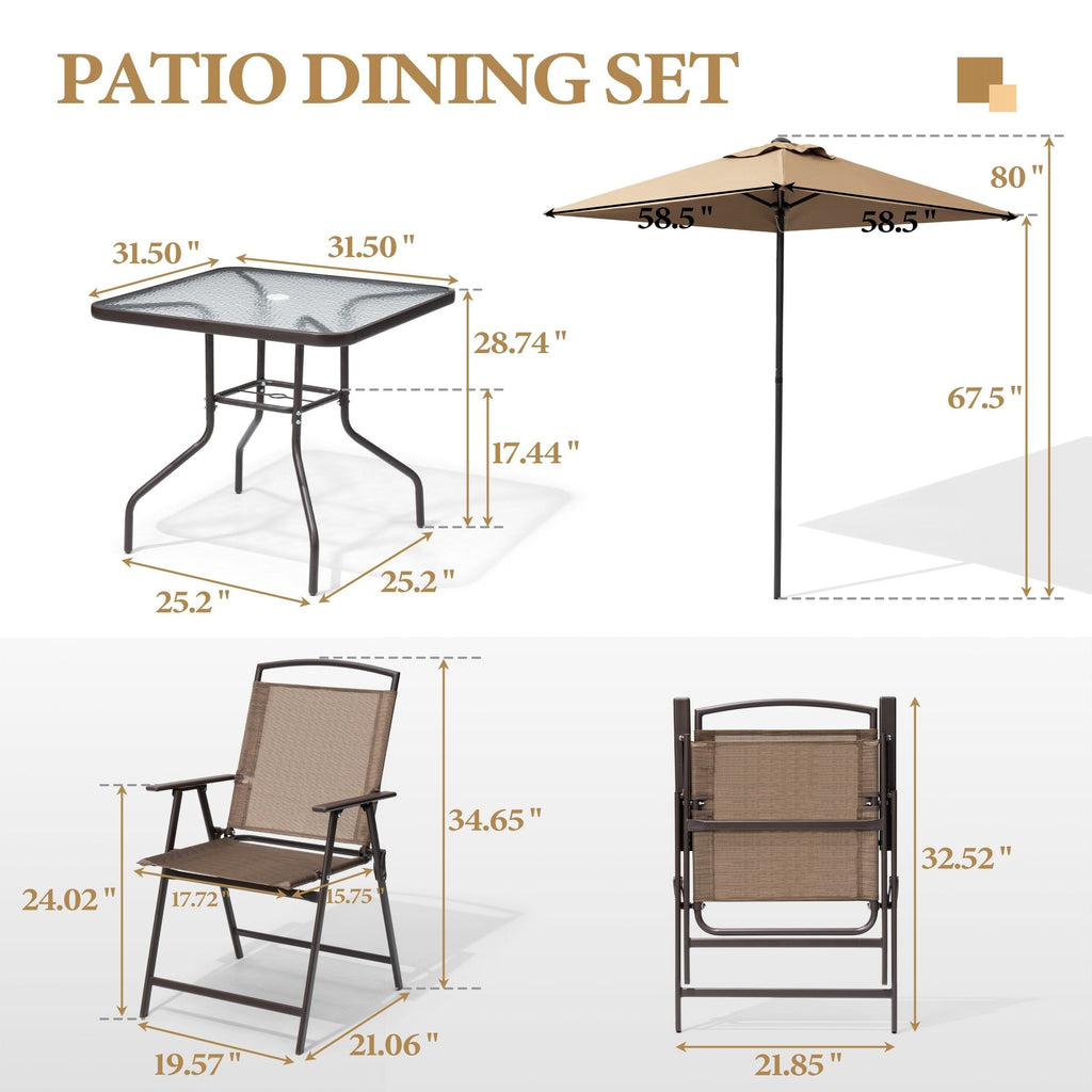 Ensemble de salle à manger d'extérieur 6 pièces avec 4 chaises pliantes, table en verre et parasol sans base - Voir les détails