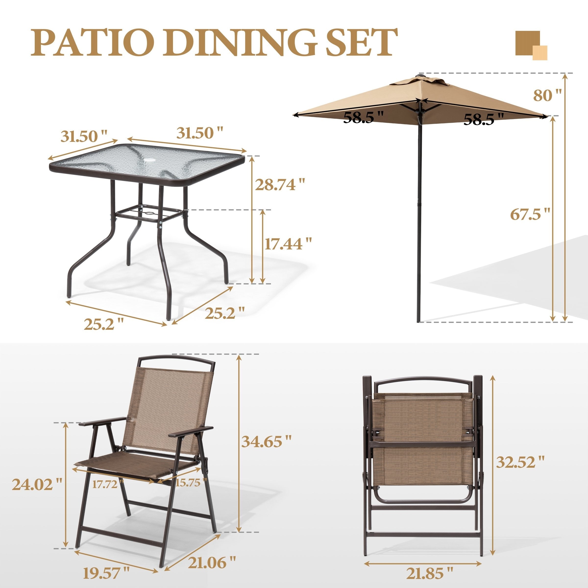 Ensemble de salle à manger d'extérieur 6 pièces avec 4 chaises pliantes, table en verre et parasol sans base - Voir les détails