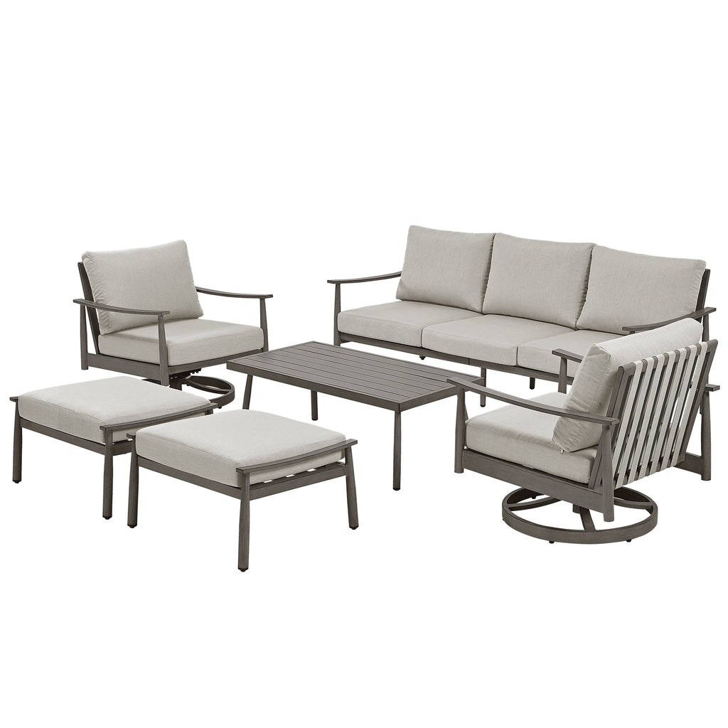 Ensemble de salon de jardin en aluminium pour 6 personnes avec 2 chaises pivotantes, un canapé d'extérieur 3 places et une table basse