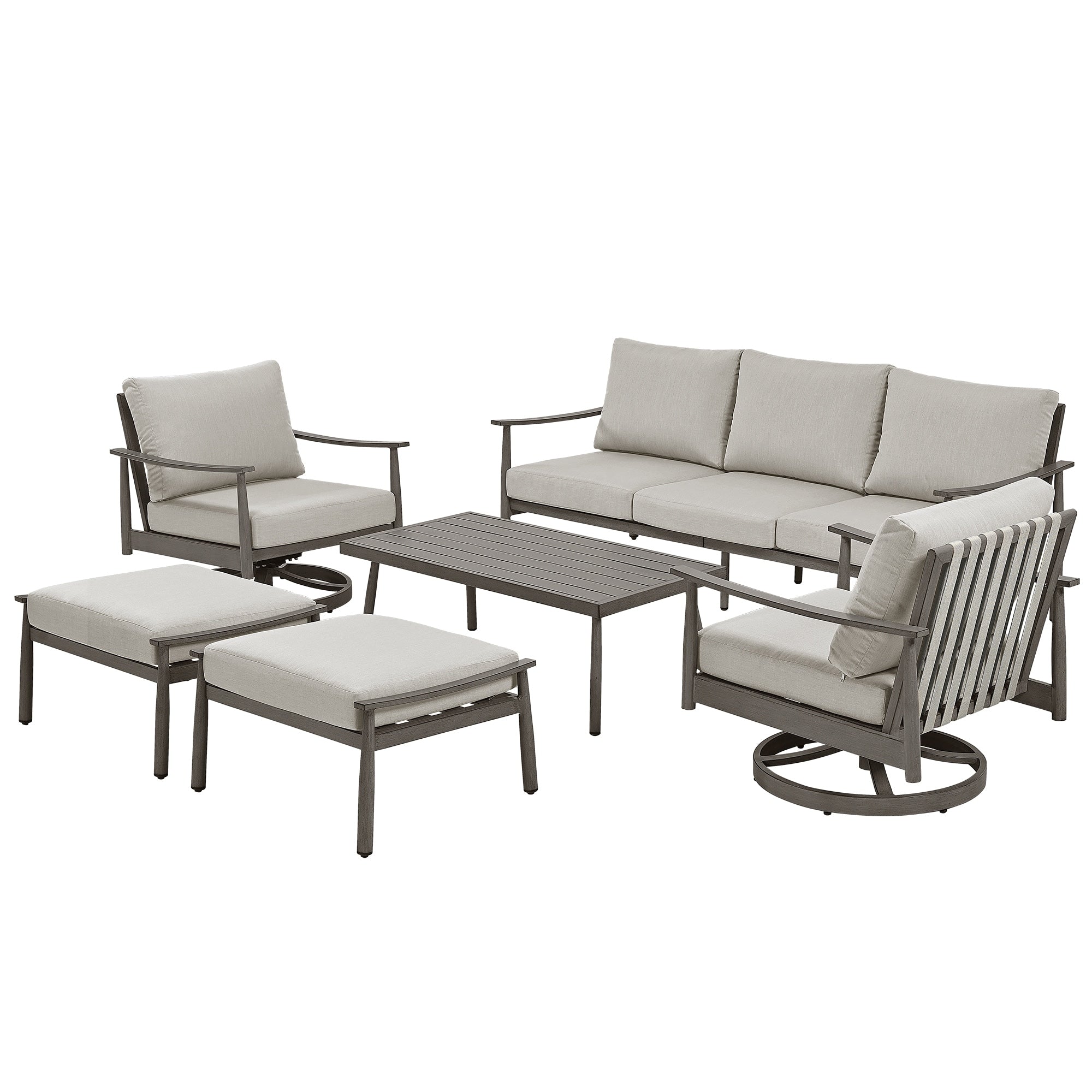 Ensemble de salon de jardin en aluminium pour 6 personnes avec 2 chaises pivotantes, un canapé d'extérieur 3 places et une table basse