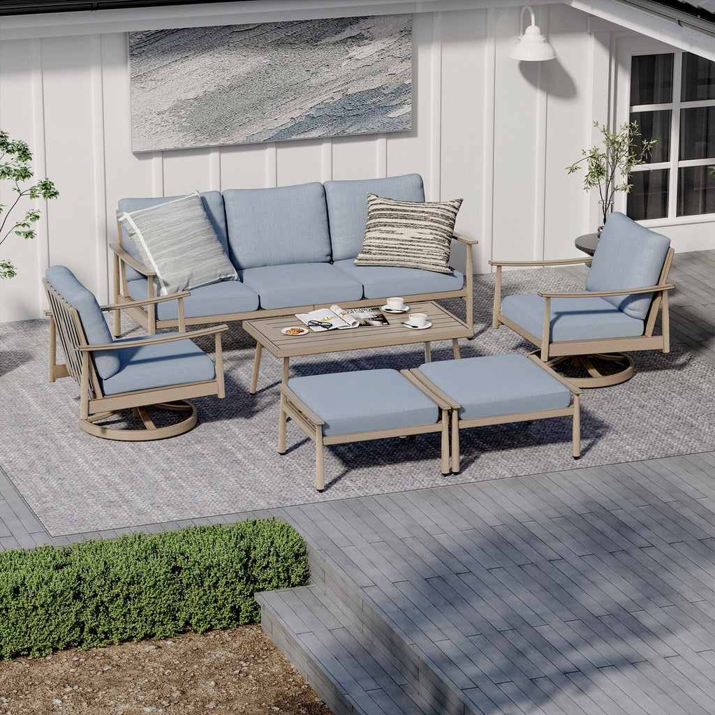 Ensemble de salon de jardin en aluminium pour 6 personnes avec 2 chaises pivotantes, un canapé d'extérieur 3 places et une table basse