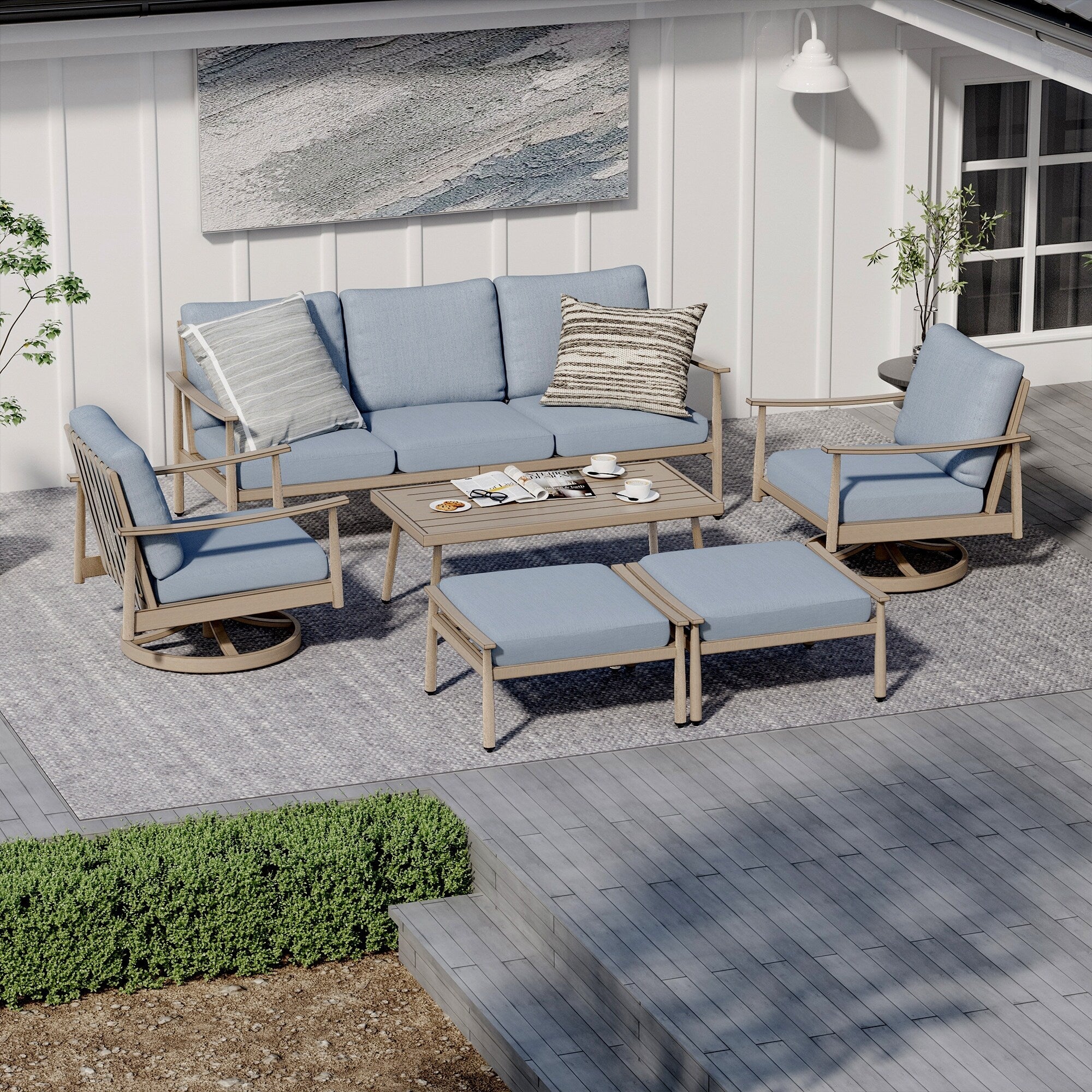 Ensemble de salon de jardin en aluminium pour 6 personnes avec 2 chaises pivotantes, un canapé d'extérieur 3 places et une table basse