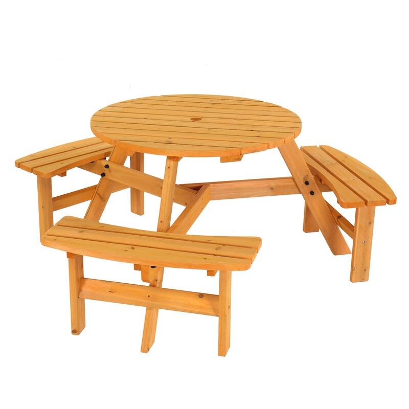 Table de pique-nique circulaire d'extérieur en bois pour 6 personnes avec 3 bancs intégrés
