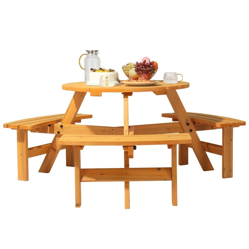 Table de pique-nique circulaire d'extérieur en bois pour 6 personnes avec 3 bancs intégrés