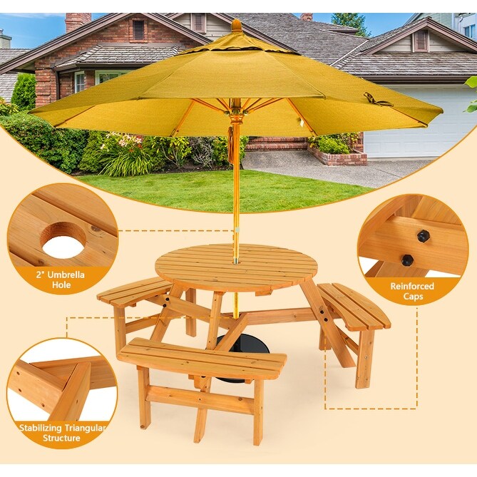 Table de pique-nique circulaire d'extérieur en bois pour 6 personnes avec 3 bancs intégrés