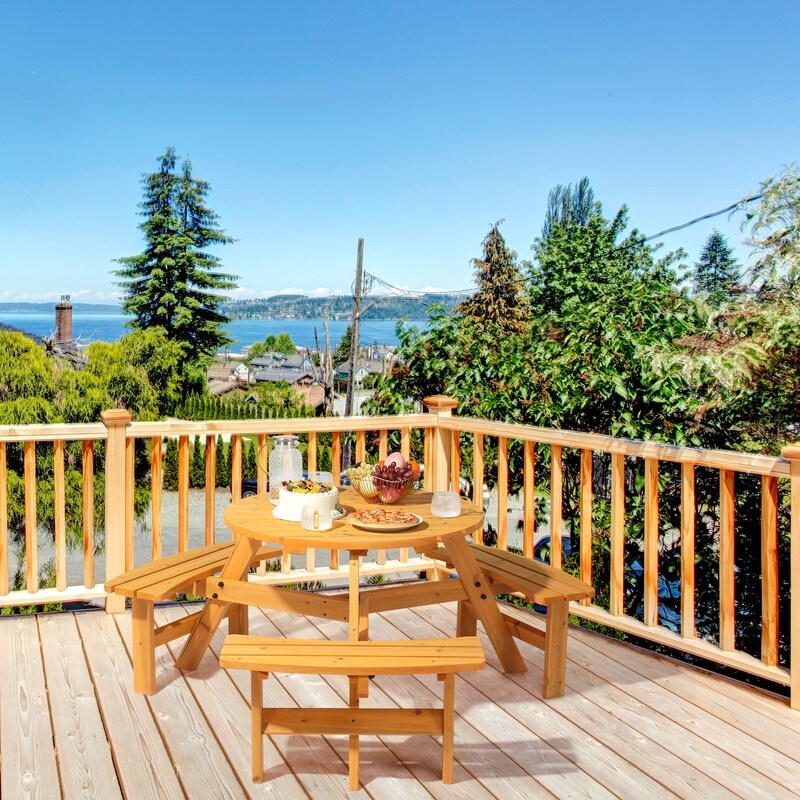 Table de pique-nique circulaire d'extérieur en bois pour 6 personnes avec 3 bancs intégrés