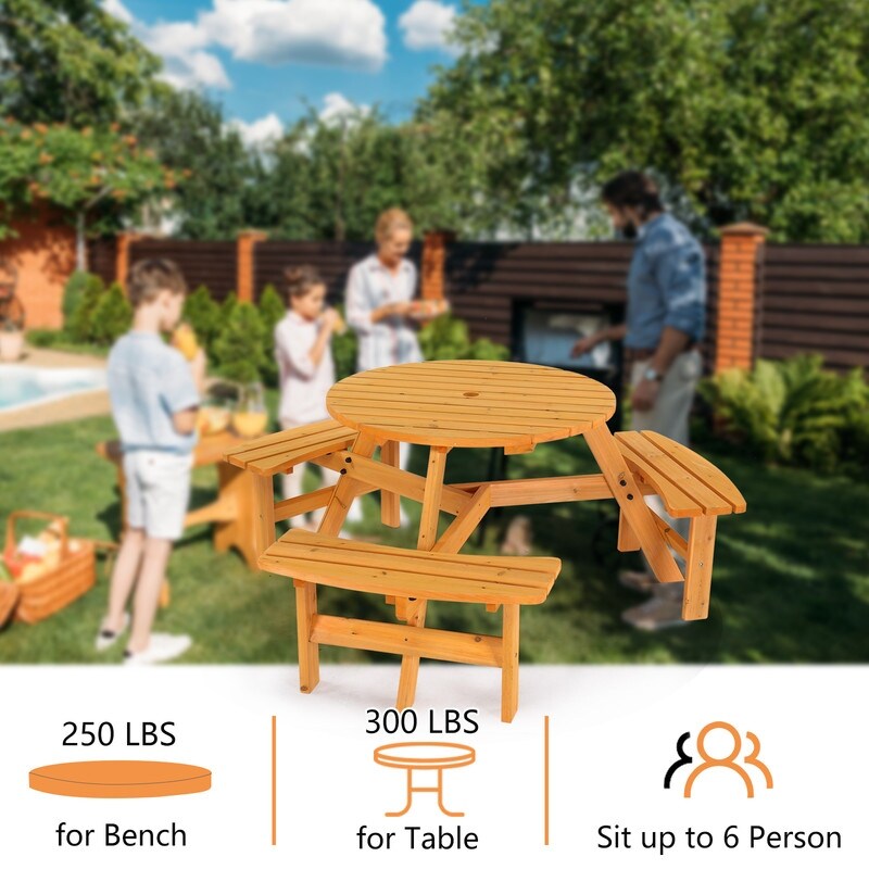 Table de pique-nique circulaire d'extérieur en bois pour 6 personnes avec 3 bancs intégrés