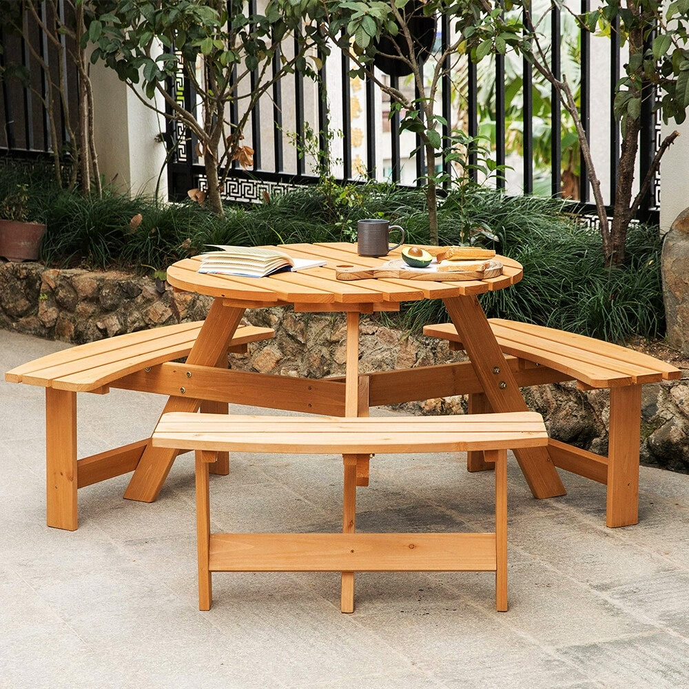 Ensemble de pique-nique d'extérieur en bois pour 6 personnes, table à manger avec bancs et trou pour parasol – 160 x 160 x 70 cm (L x l x H)
