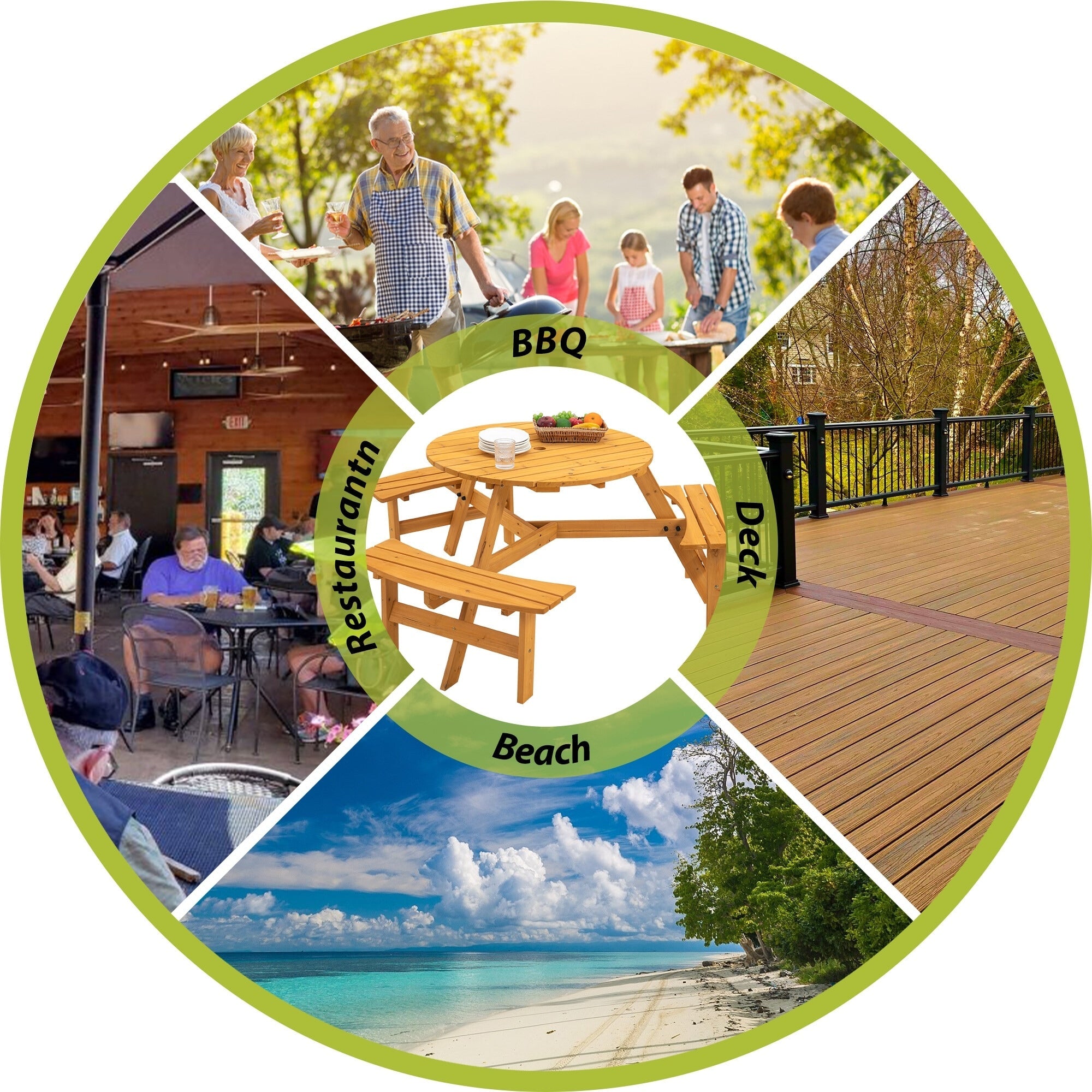 Ensemble de pique-nique d'extérieur en bois pour 6 personnes, table à manger avec bancs et trou pour parasol – 160 x 160 x 70 cm (L x l x H)