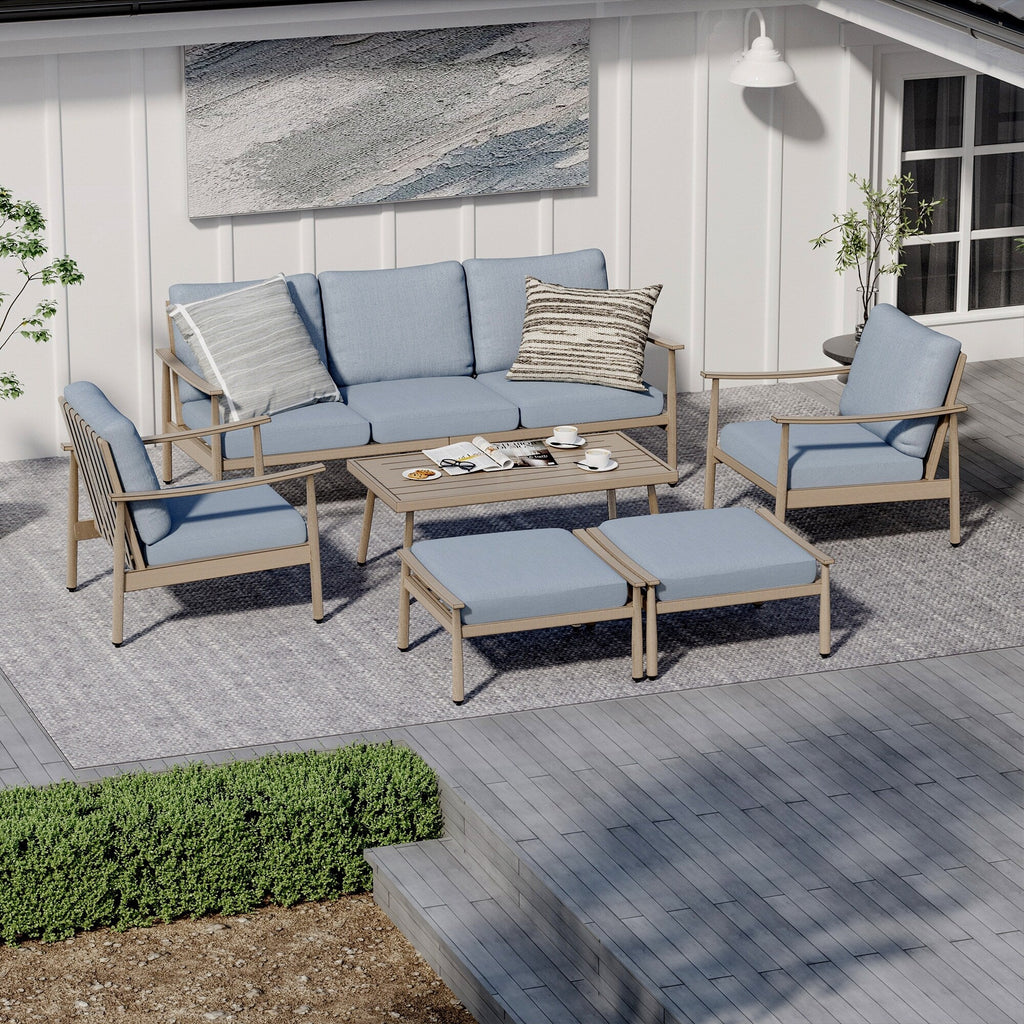 Ensemble de salon de jardin en aluminium 6 pièces, canapé d'extérieur 3 places avec poufs et table basse