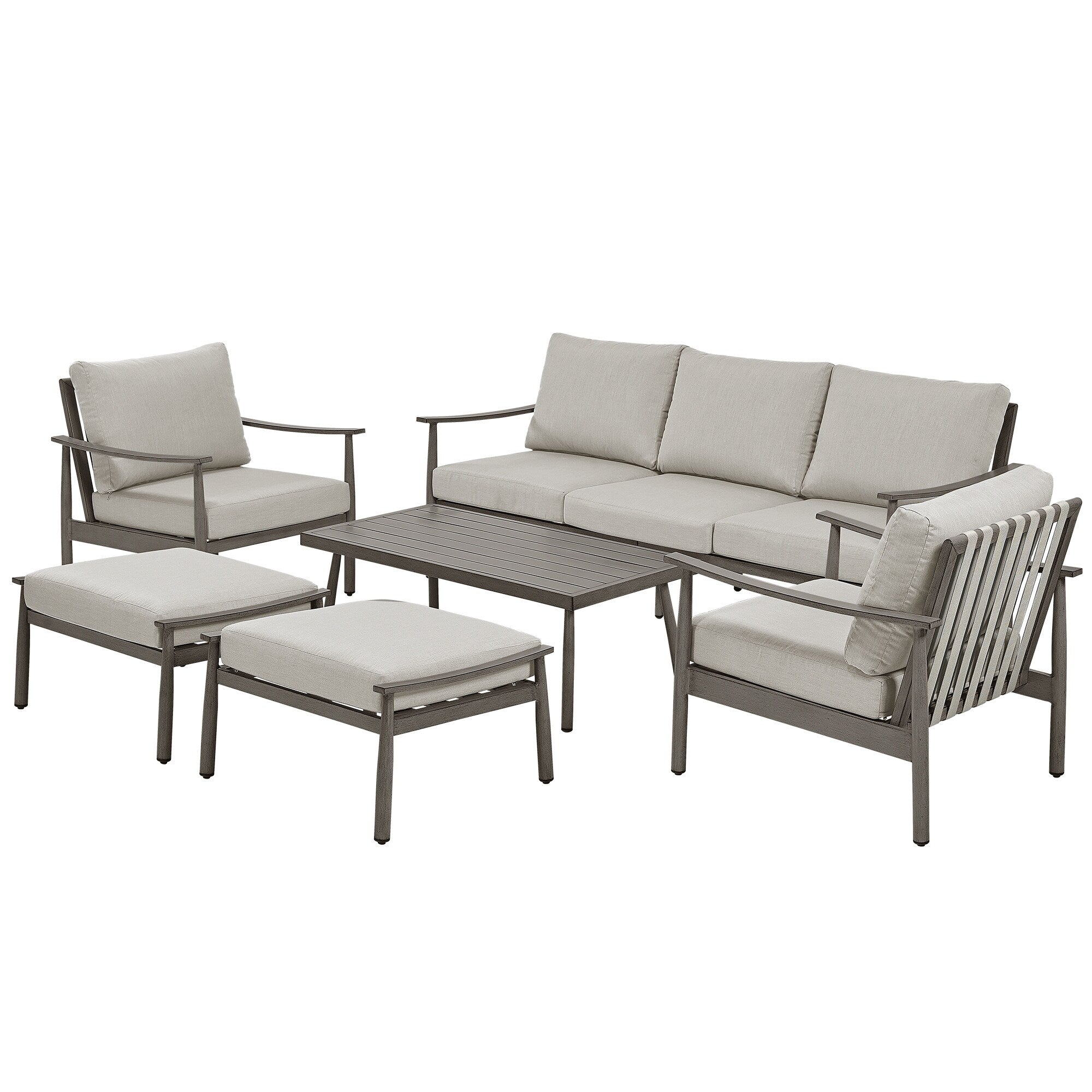 Ensemble de salon de jardin en aluminium 6 pièces, canapé d'extérieur 3 places avec poufs et table basse