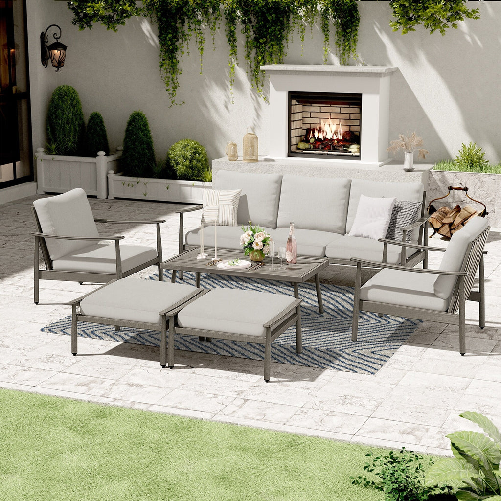 Ensemble de salon de jardin en aluminium 6 pièces, canapé d'extérieur 3 places avec poufs et table basse