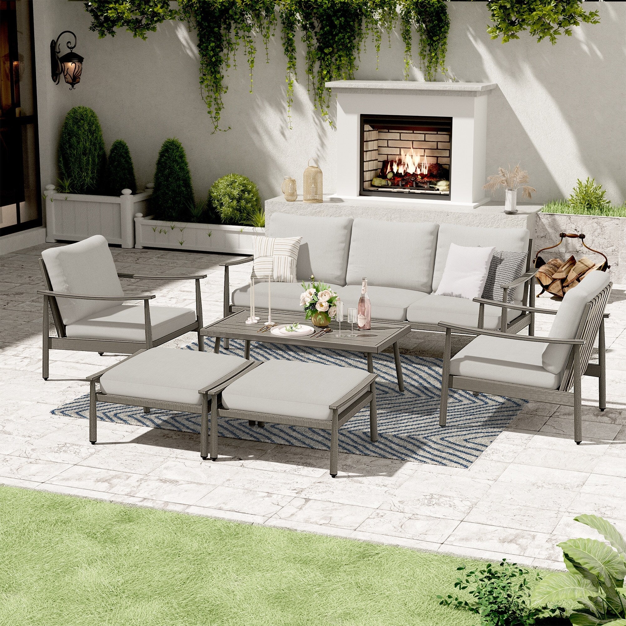 Ensemble de salon de jardin en aluminium 6 pièces, canapé d'extérieur 3 places avec poufs et table basse