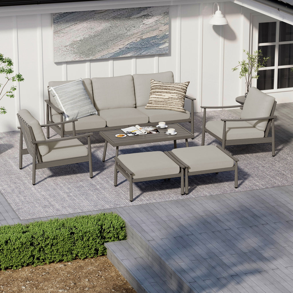 Ensemble de salon de jardin en aluminium 6 pièces, canapé d'extérieur 3 places avec poufs et table basse