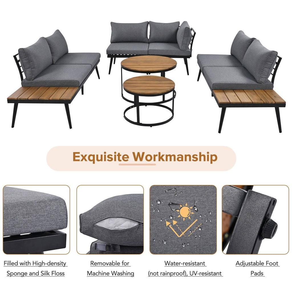 Ensemble de canapés d'extérieur sectionnels 6 pièces avec tables basses rondes gigognes et canapé d'assise avec coussins