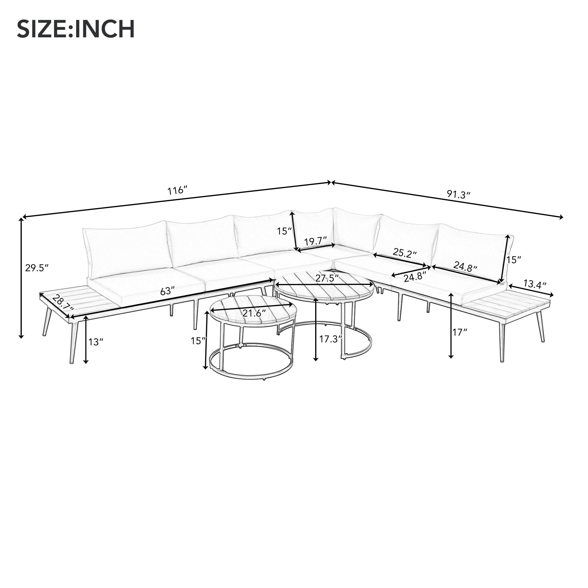Ensemble de canapés d'extérieur sectionnels 6 pièces avec tables basses rondes gigognes et canapé d'assise avec coussins
