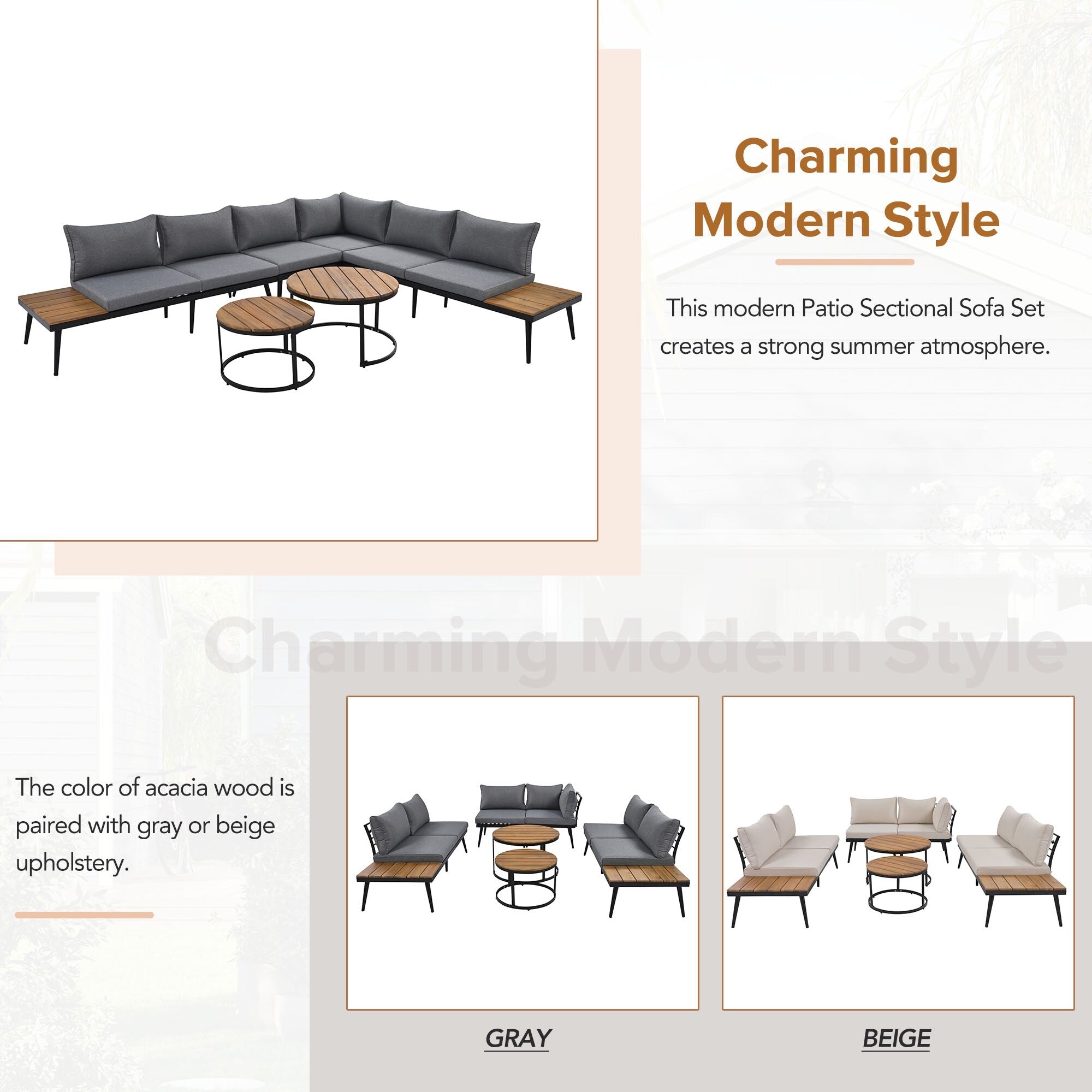 Ensemble de canapés d'extérieur sectionnels 6 pièces avec tables basses rondes gigognes et canapé d'assise avec coussins