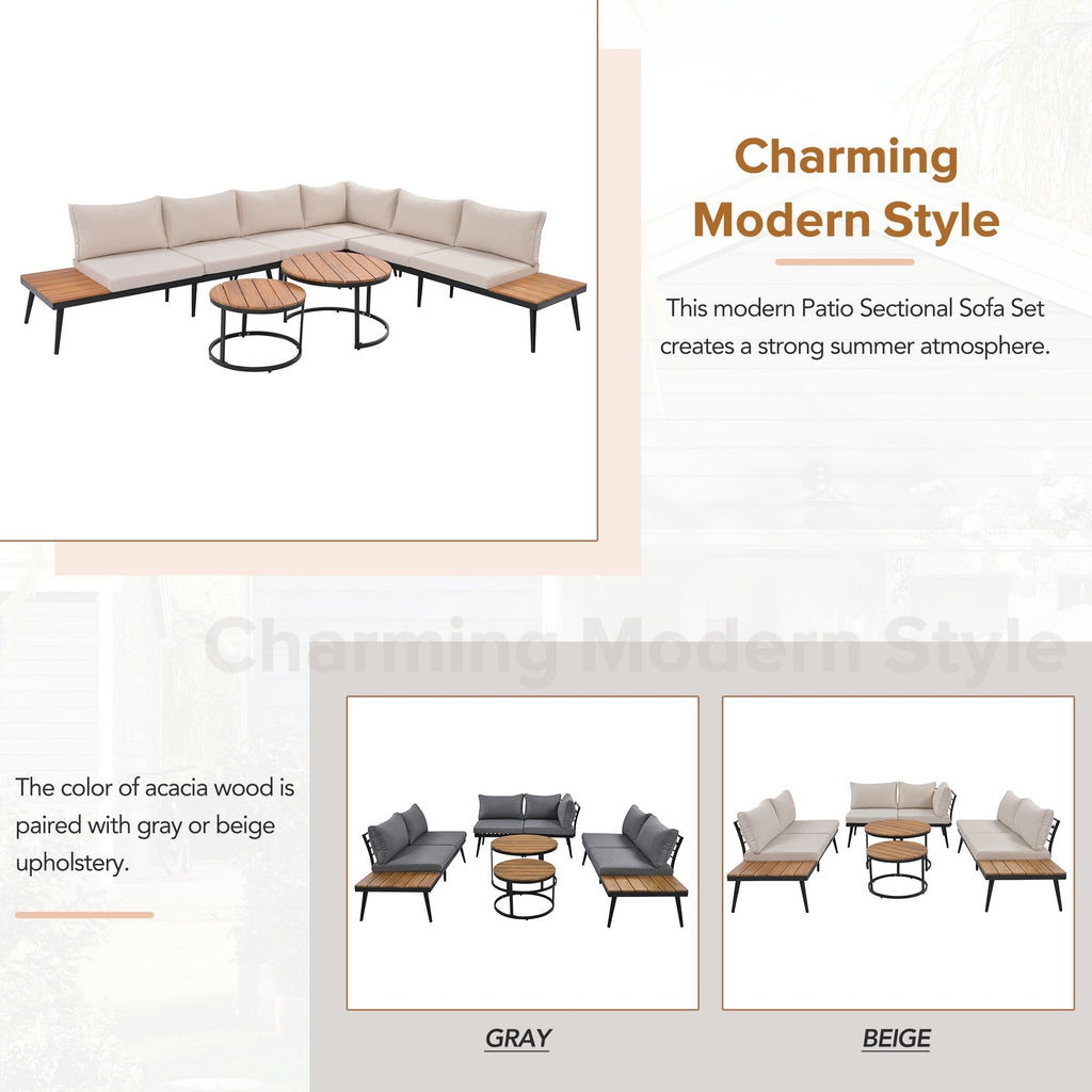 Ensemble de canapés d'extérieur sectionnels 6 pièces avec tables basses rondes gigognes et canapé d'assise avec coussins