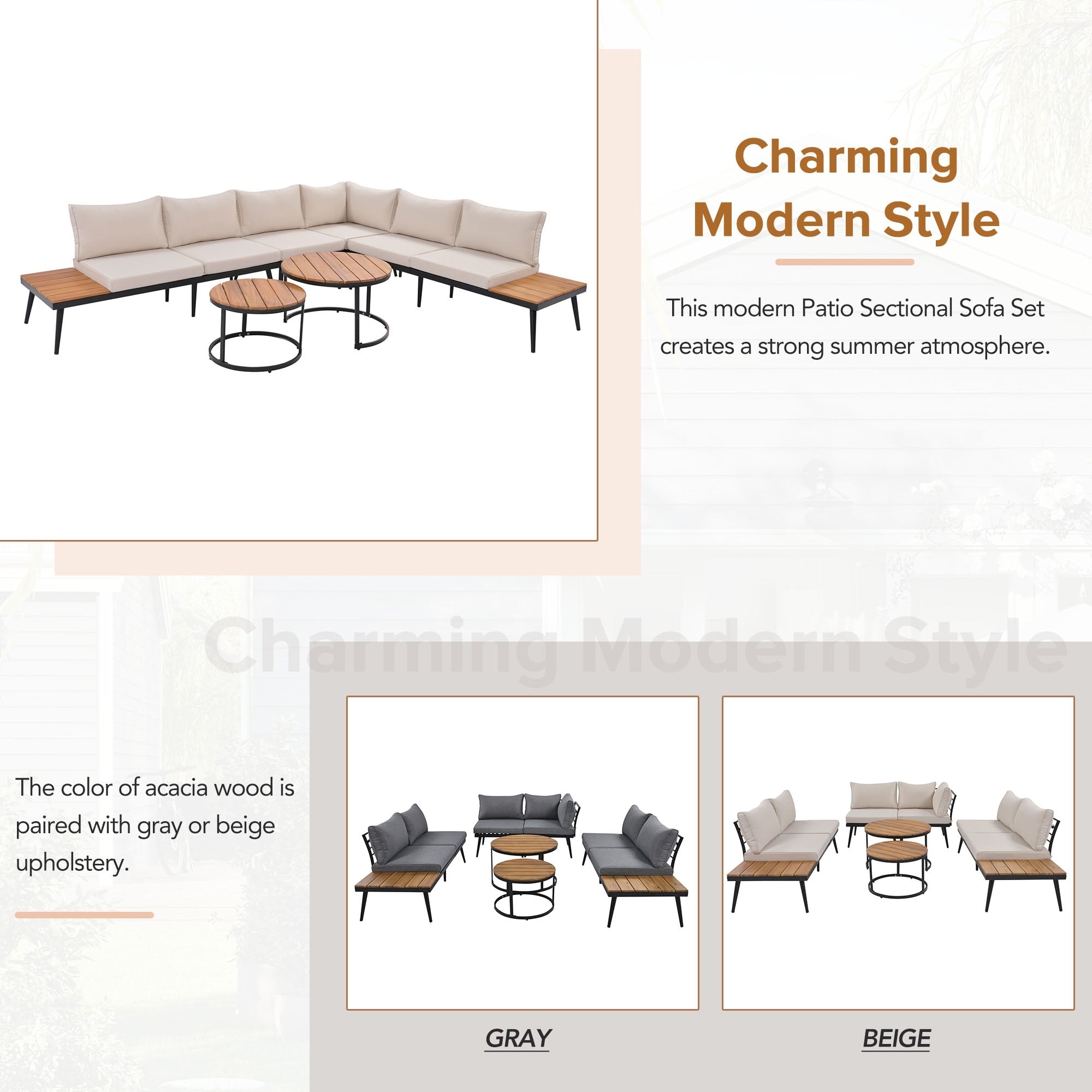 Ensemble de canapés d'extérieur sectionnels 6 pièces avec tables basses rondes gigognes et canapé d'assise avec coussins