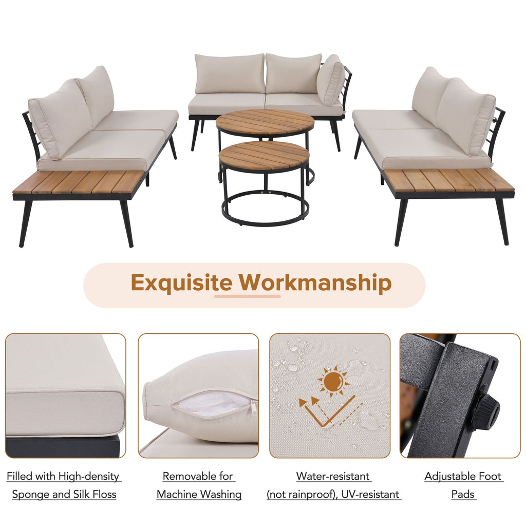 Ensemble de canapés d'extérieur sectionnels 6 pièces avec tables basses rondes gigognes et canapé d'assise avec coussins