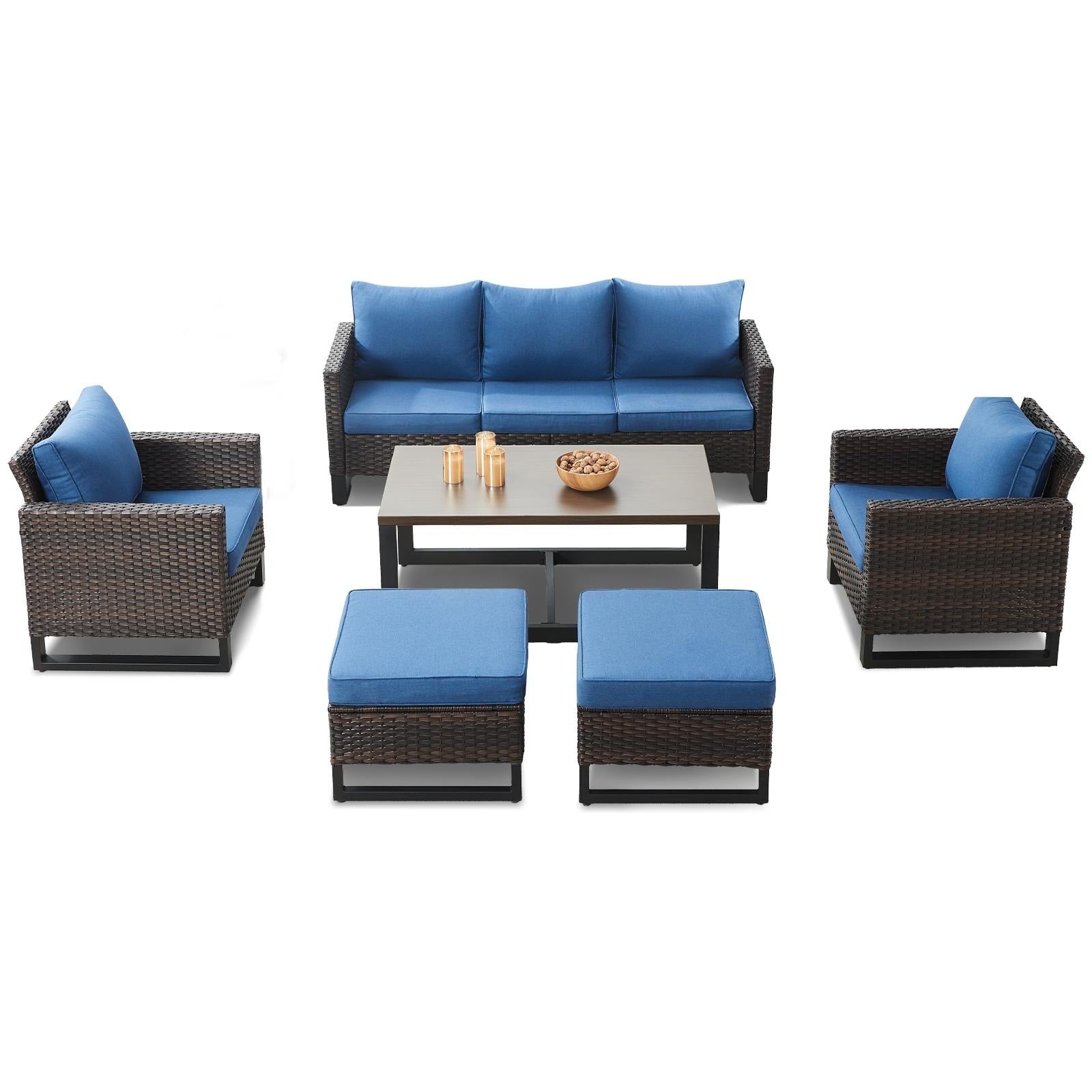 Ensemble de canapé d'extérieur 6 pièces avec chaise et pouf