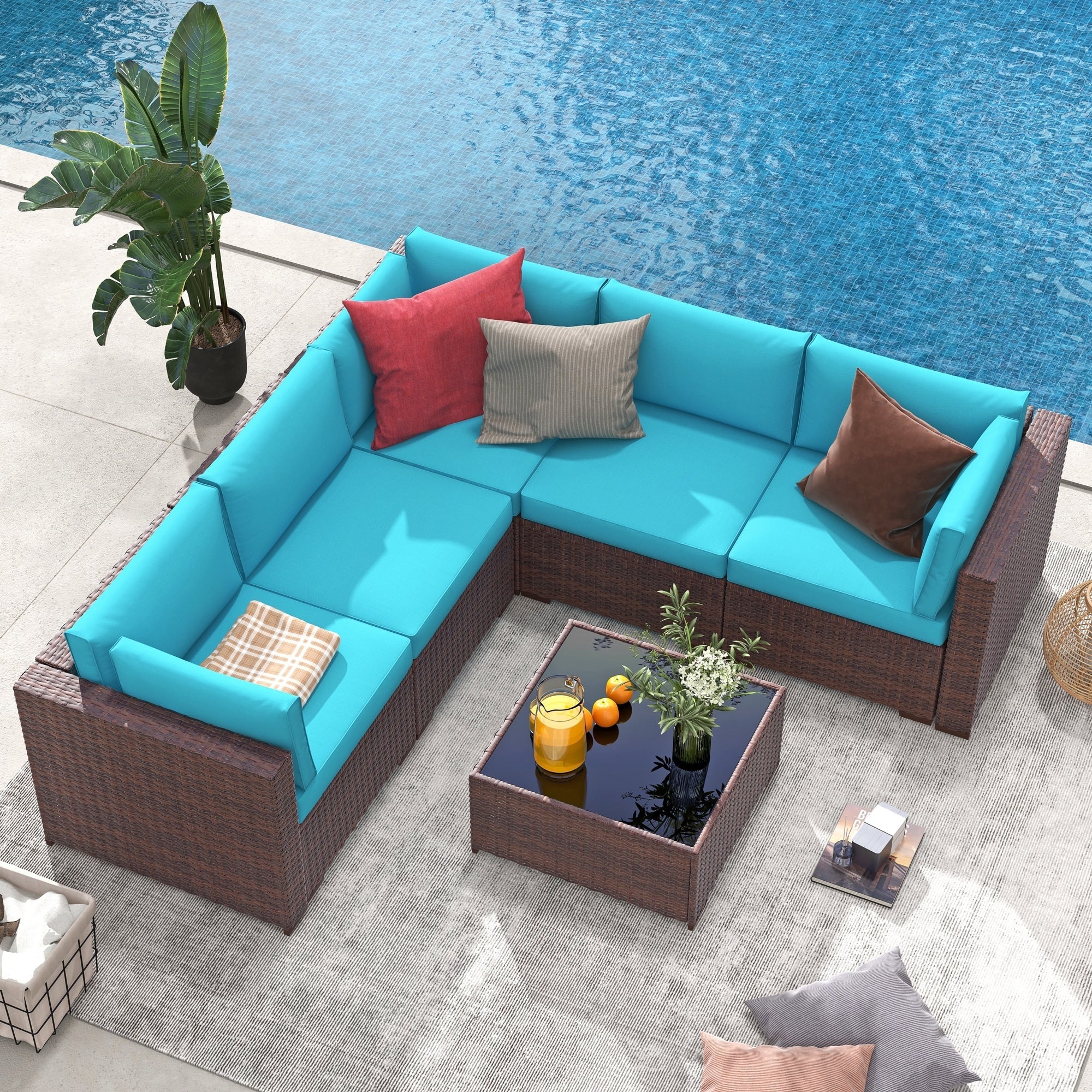 Ensemble de canapés d'extérieur sectionnels en osier 6 pièces avec coussins