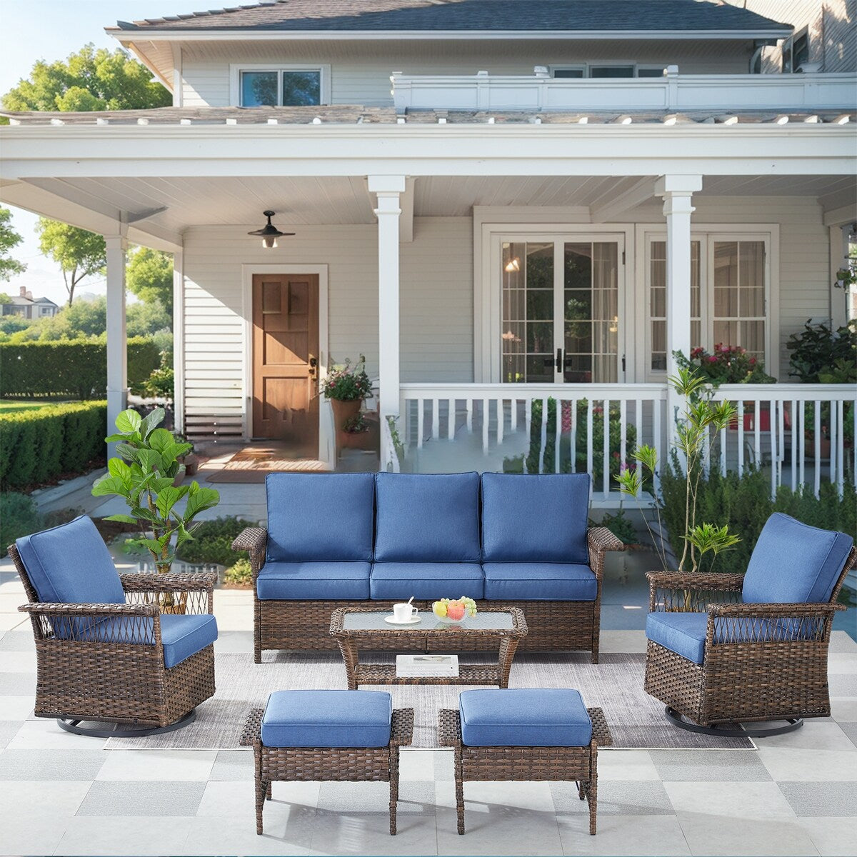 Ensemble de 6 meubles de jardin en rotin - Marron