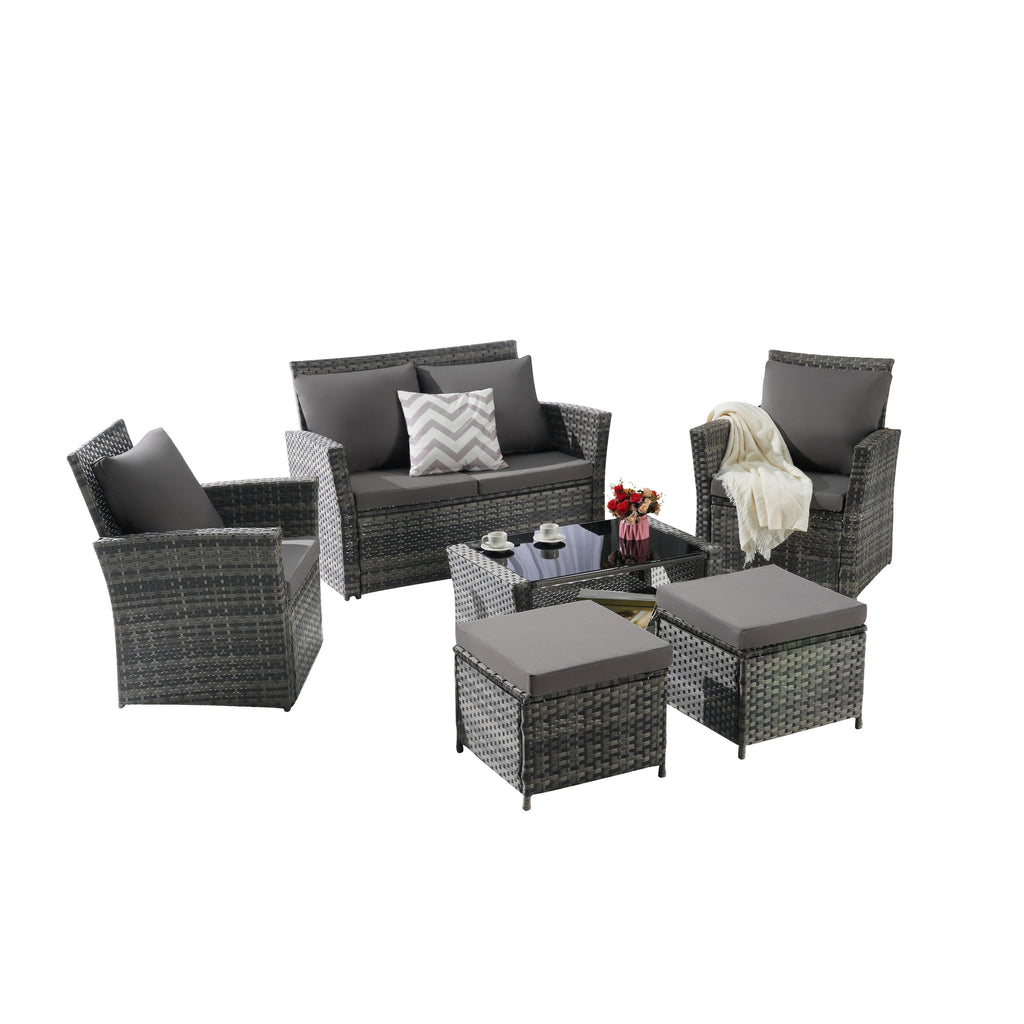 Ensemble de 6 meubles de jardin, canapé sectionnel en osier toutes saisons avec table basse en verre et 2 poufs