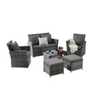 Ensemble de 6 meubles de jardin, canapé sectionnel en osier toutes saisons avec table basse en verre et 2 poufs