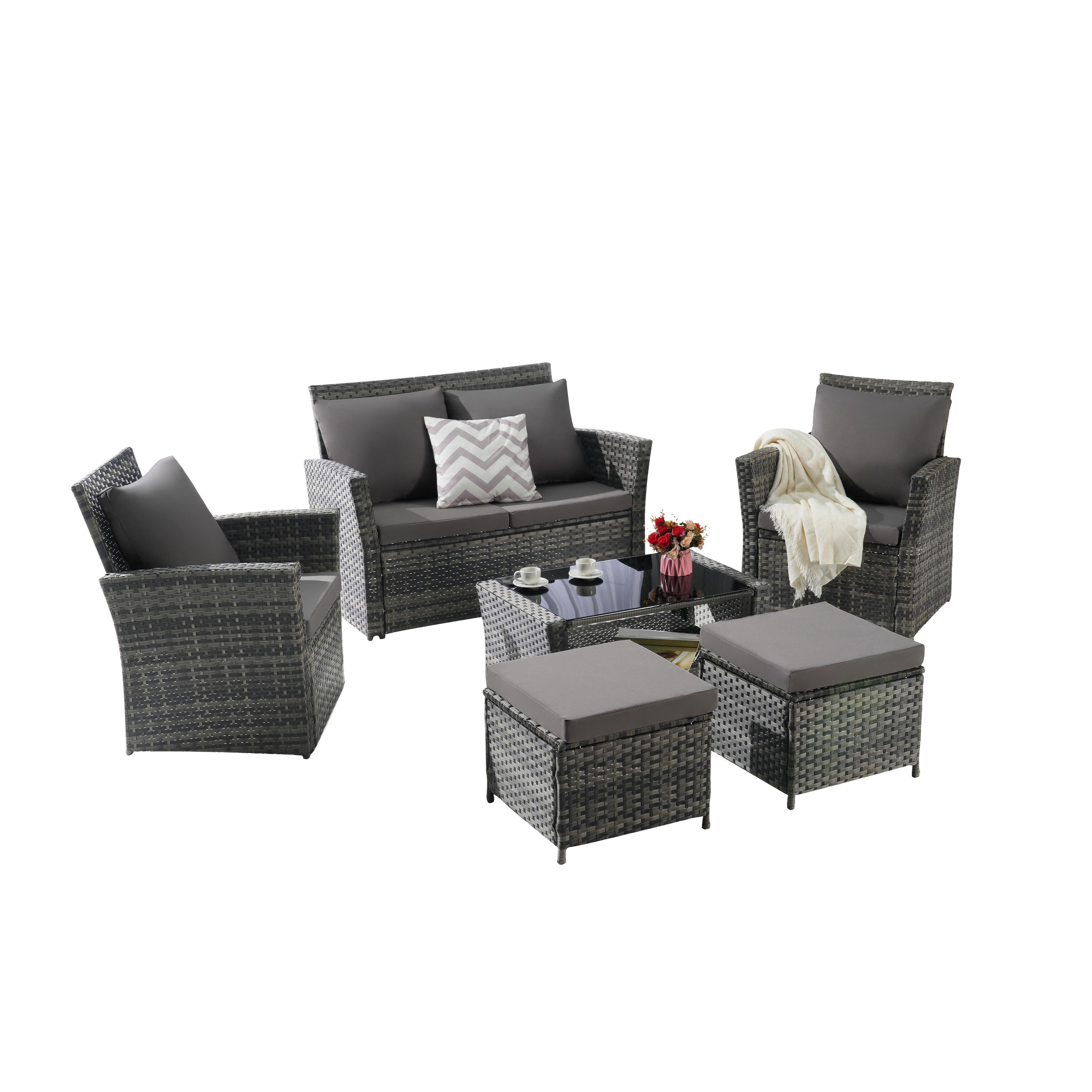 Ensemble de 6 meubles de jardin, canapé sectionnel en osier toutes saisons avec table basse en verre et 2 poufs