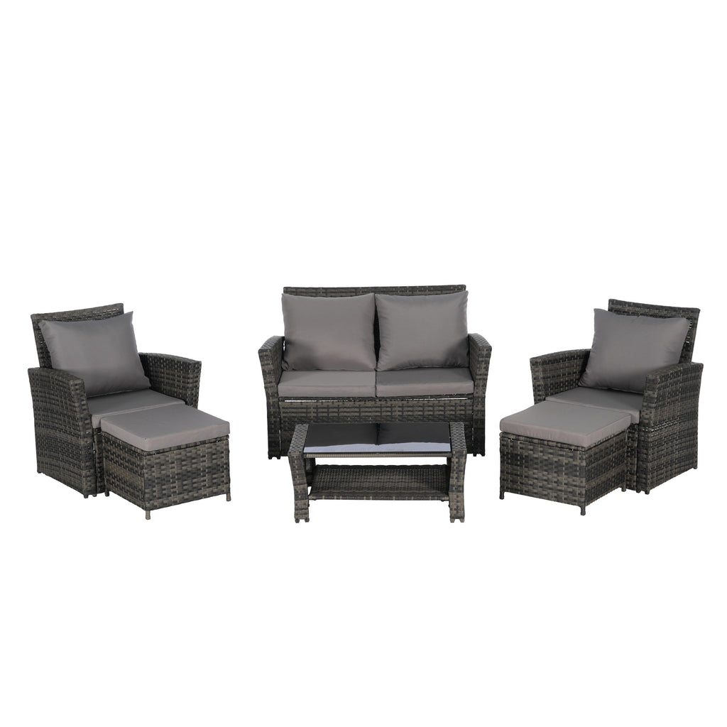 Ensemble de 6 meubles de jardin, canapé sectionnel en osier toutes saisons avec table basse en verre et 2 poufs