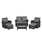 Ensemble de 6 meubles de jardin, canapé sectionnel en osier toutes saisons avec table basse en verre et 2 poufs