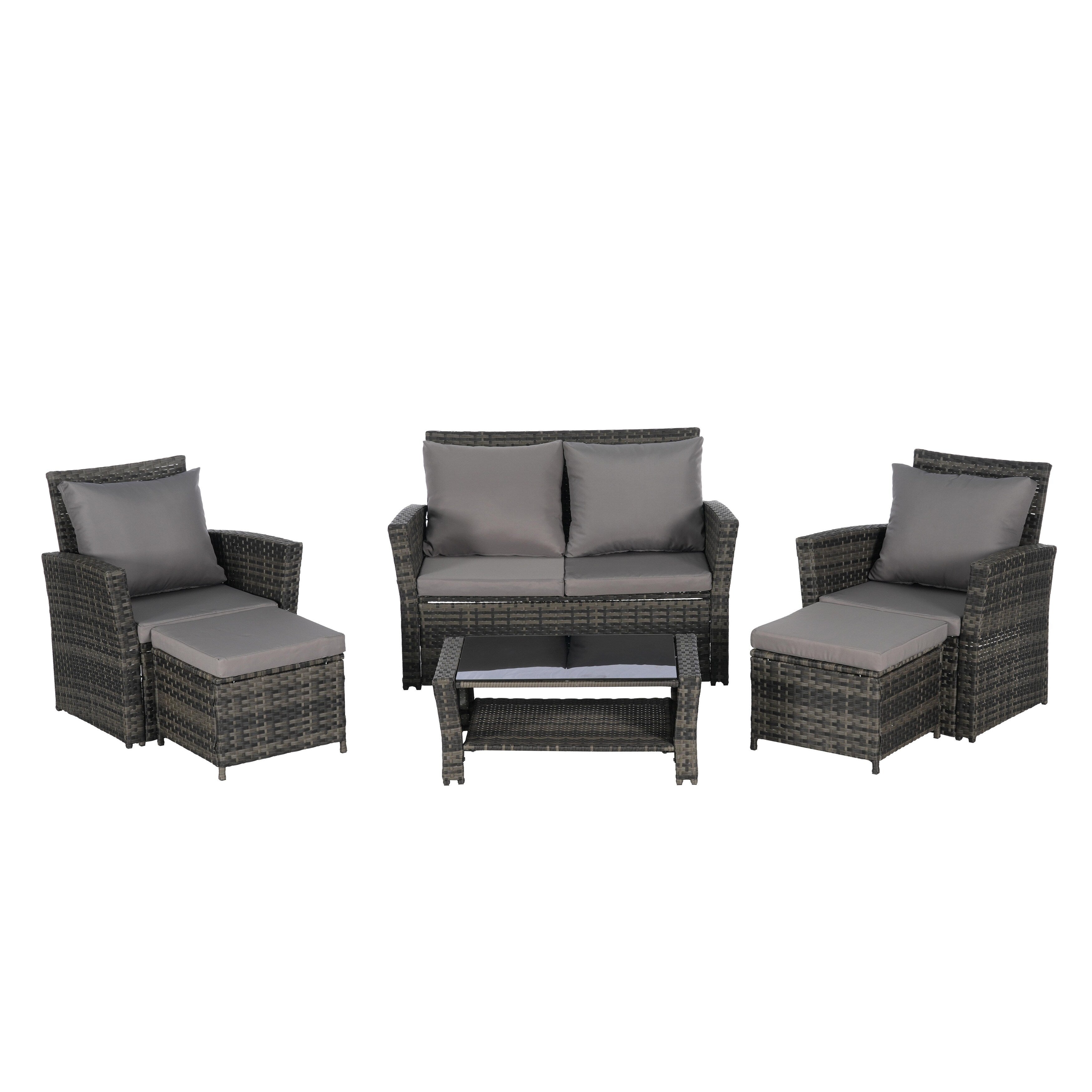 Ensemble de 6 meubles de jardin, canapé sectionnel en osier toutes saisons avec table basse en verre et 2 poufs