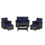 Ensemble de 6 meubles de jardin, canapé sectionnel en osier toutes saisons avec table basse en verre et 2 poufs