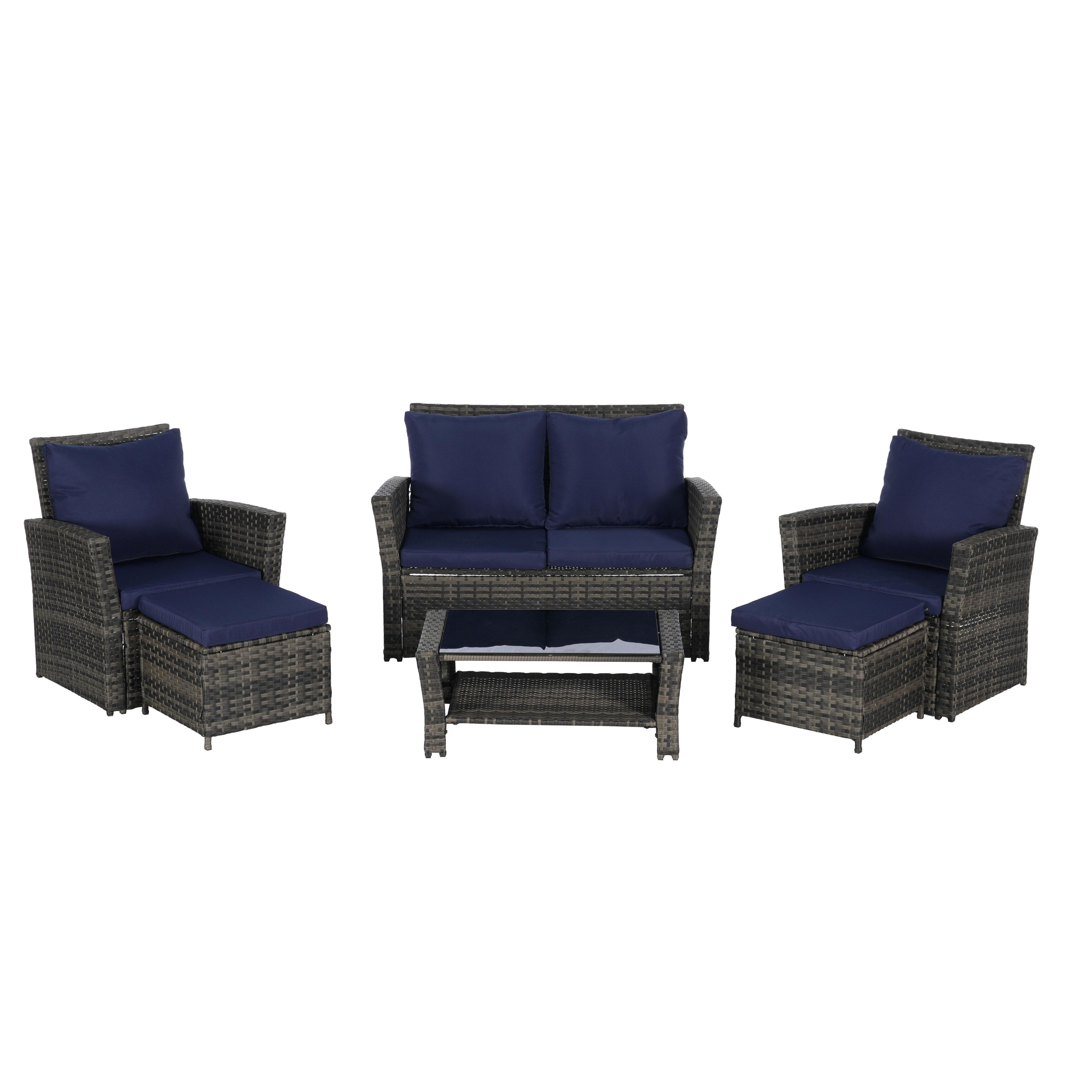 Ensemble de 6 meubles de jardin, canapé sectionnel en osier toutes saisons avec table basse en verre et 2 poufs