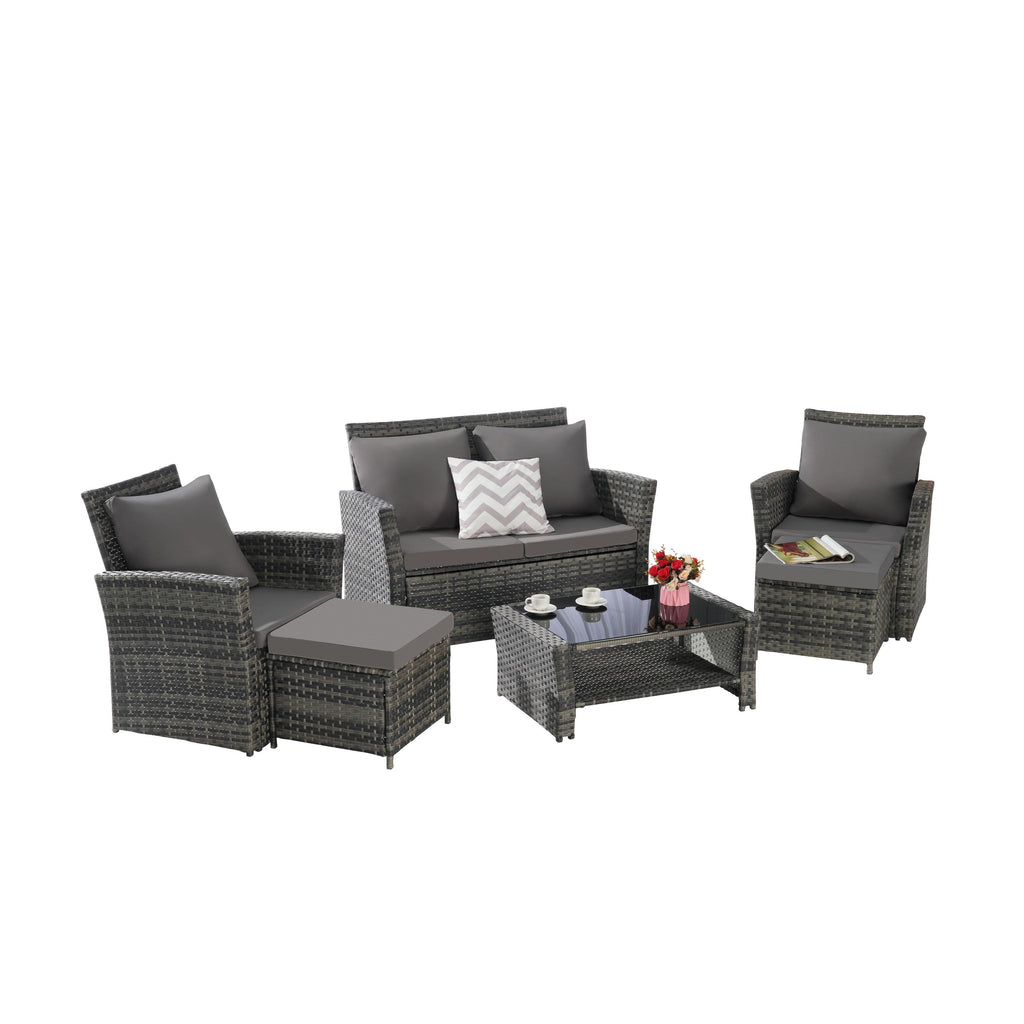 Ensemble de 6 meubles de jardin, canapé sectionnel en osier toutes saisons avec table basse en verre et 2 poufs