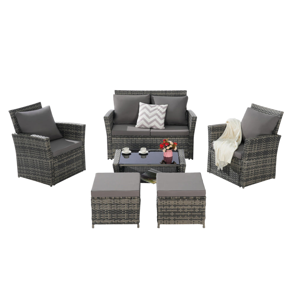 Ensemble de 6 meubles de jardin, canapé sectionnel en osier toutes saisons avec table basse en verre et 2 poufs