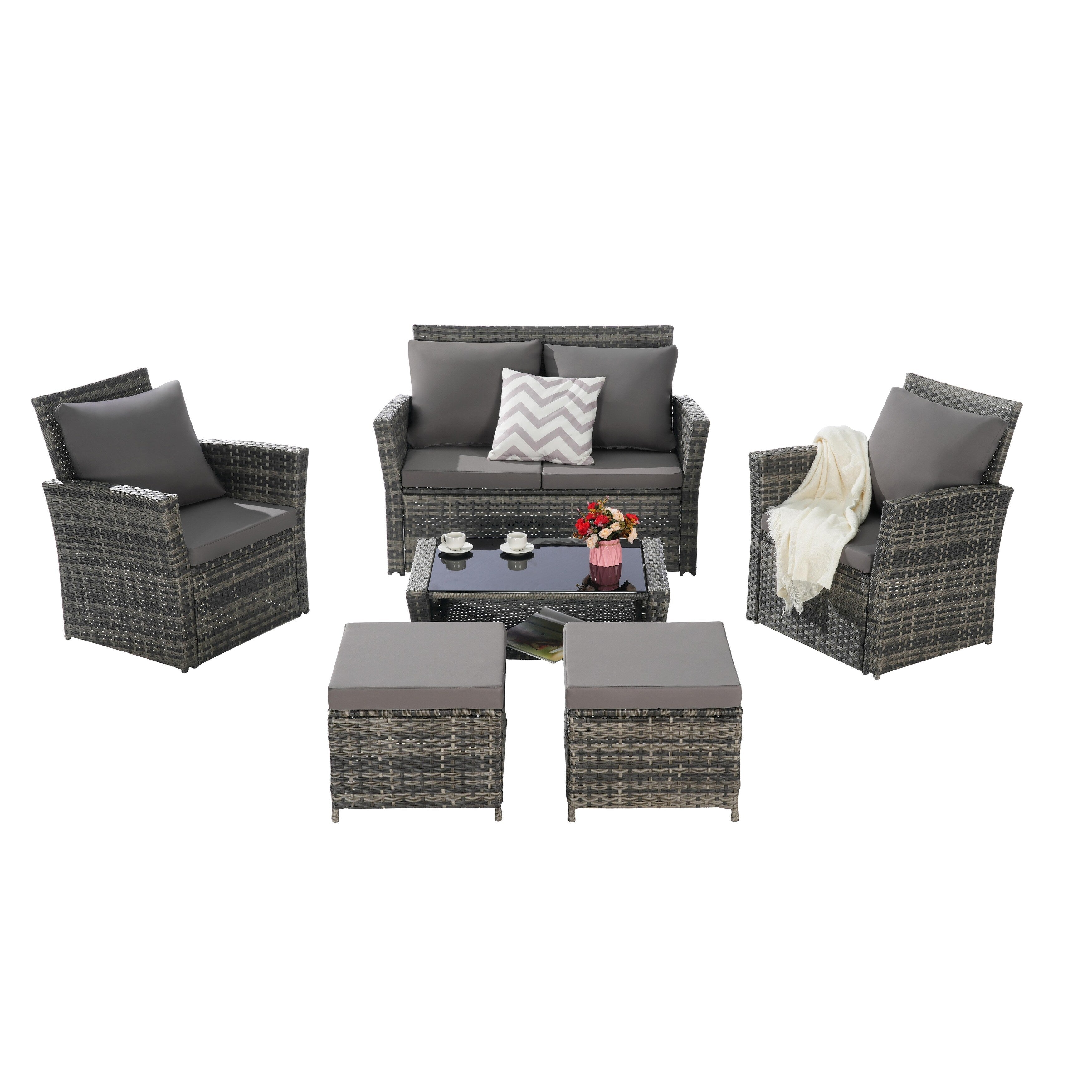 Ensemble de 6 meubles de jardin, canapé sectionnel en osier toutes saisons avec table basse en verre et 2 poufs