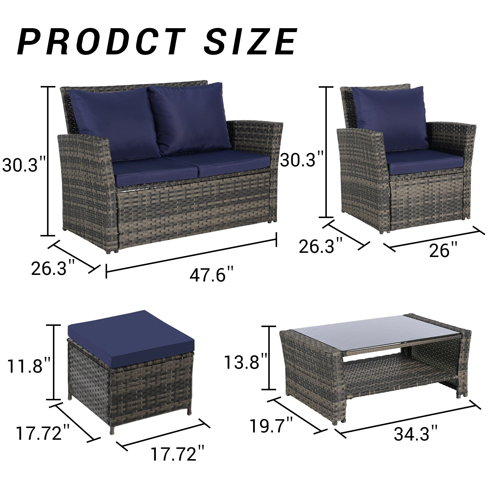 Ensemble de 6 meubles de jardin, canapé sectionnel en osier toutes saisons avec table basse en verre et 2 poufs