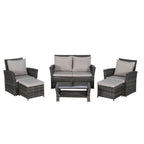 Ensemble de 6 meubles de jardin, canapé sectionnel en osier toutes saisons avec table basse en verre et 2 poufs