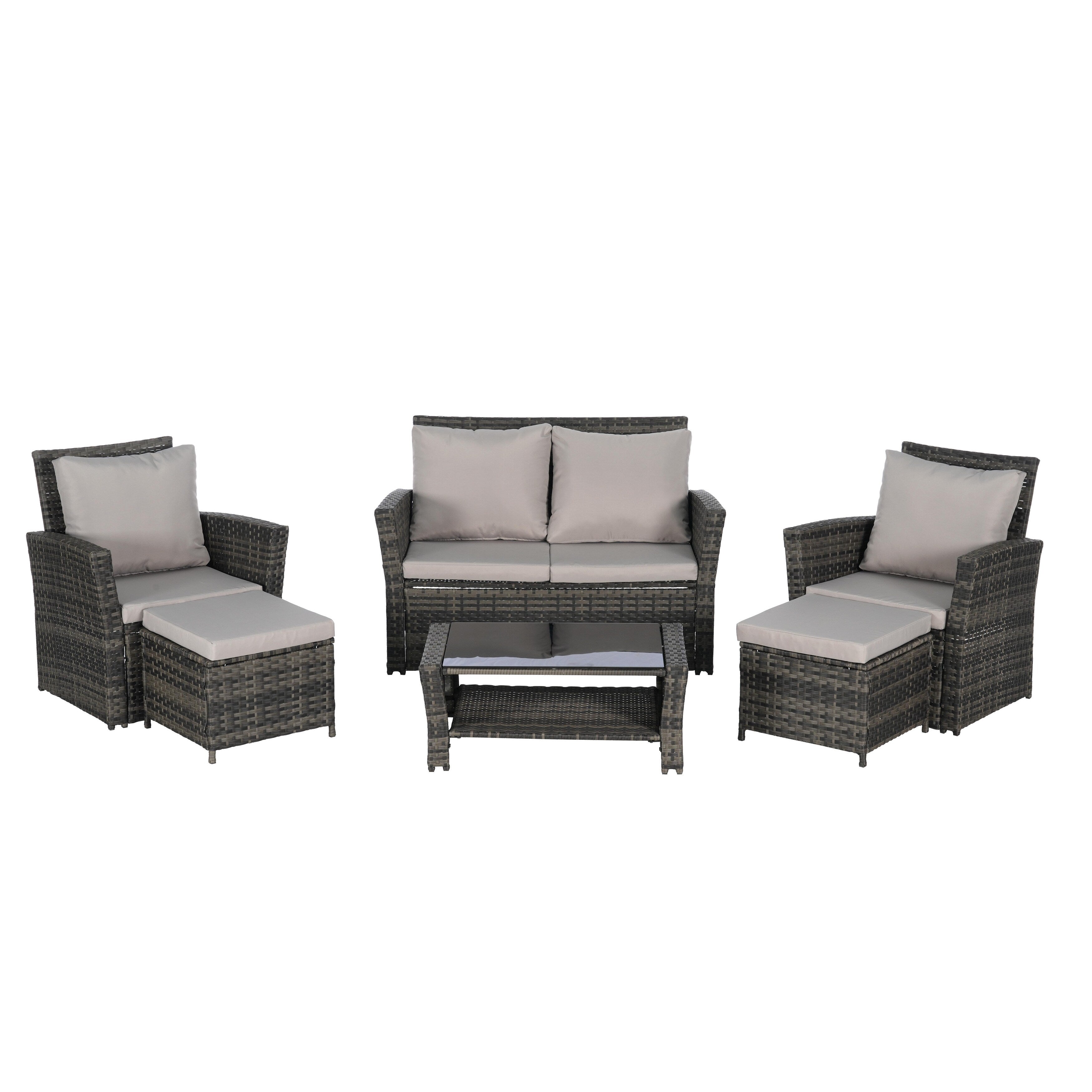 Ensemble de 6 meubles de jardin, canapé sectionnel en osier toutes saisons avec table basse en verre et 2 poufs