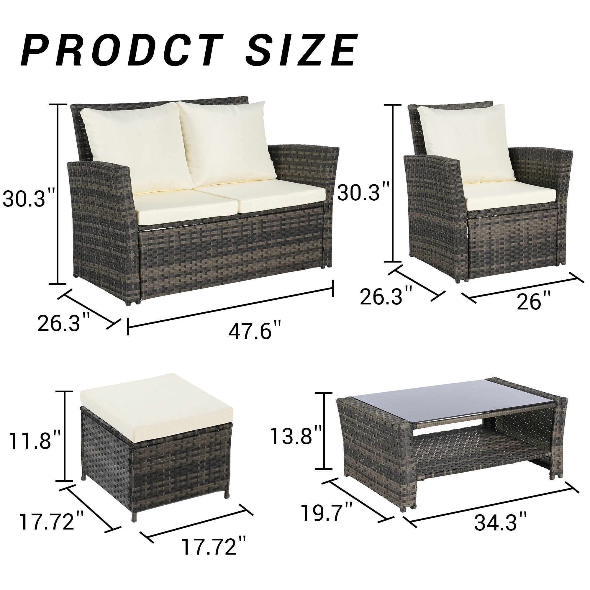Ensemble de 6 meubles de jardin, canapé sectionnel en osier toutes saisons avec table basse en verre et 2 poufs