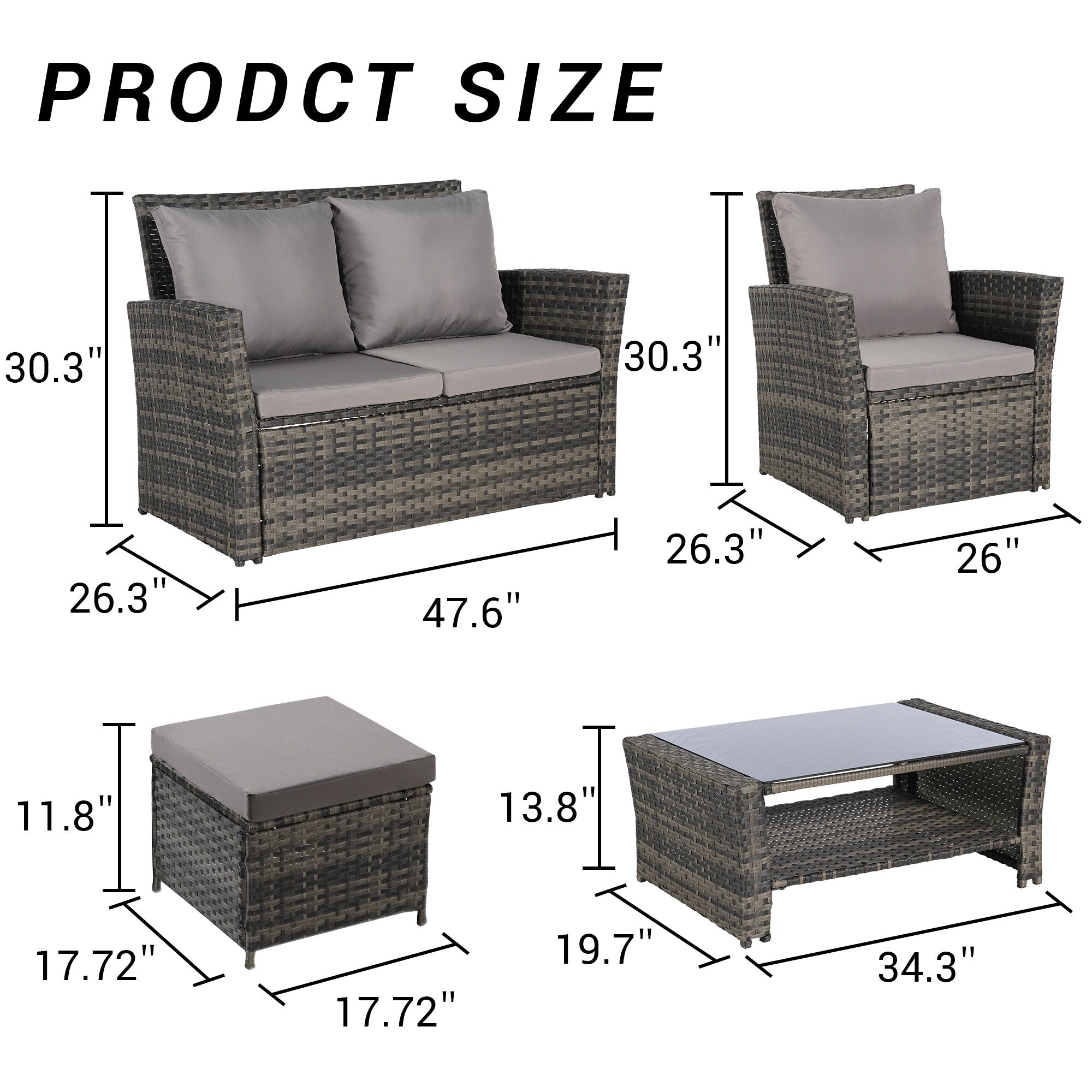 Ensemble de 6 meubles de jardin, canapé sectionnel en osier toutes saisons avec table basse en verre et 2 poufs