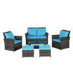 Ensemble de 6 meubles de jardin, canapé sectionnel en osier toutes saisons avec table basse en verre et 2 poufs